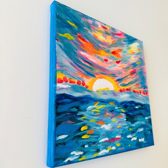 Original Painting Abstract Collectible Sunset Ocean 10" x 10" Canvas - Picture 5 of 5